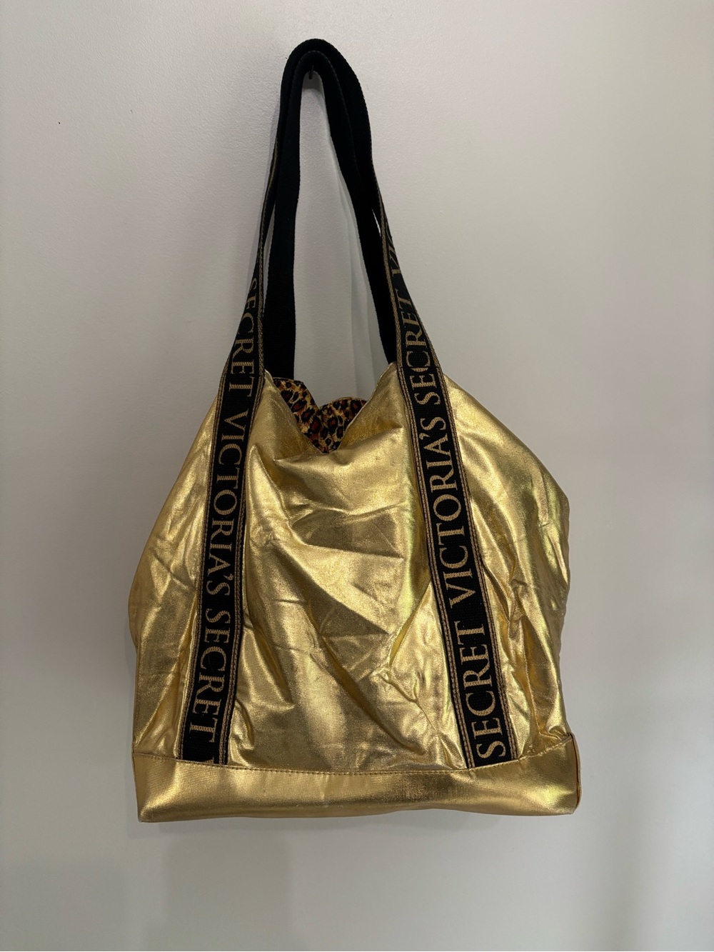 Victoria's Secret Metallic Gold Tote with Black Logo Straps